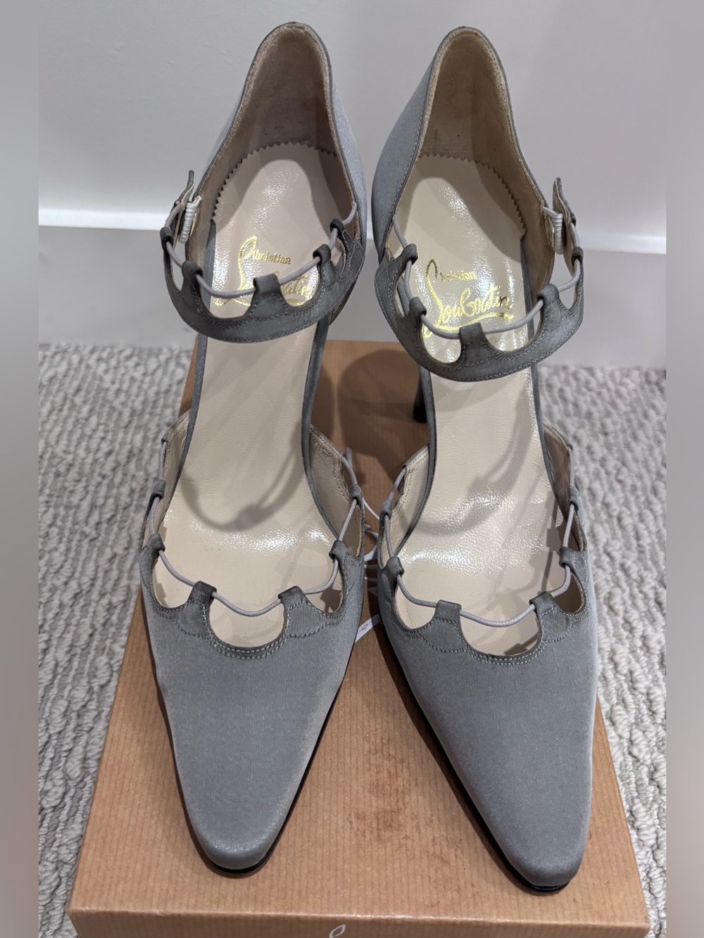 Christian Louboutin Gray Scalloped Satin Pointed-Toe Mary Jane Heels